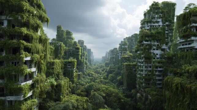 Overgrown Abandoned Cityscape with Buildings Covered in Greenery