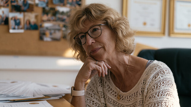 Long term volunteer program coordinator reviewing decade of service photos pinned to corkboard in nonprofit headquarters office, individual recognition letters fanned across desk,