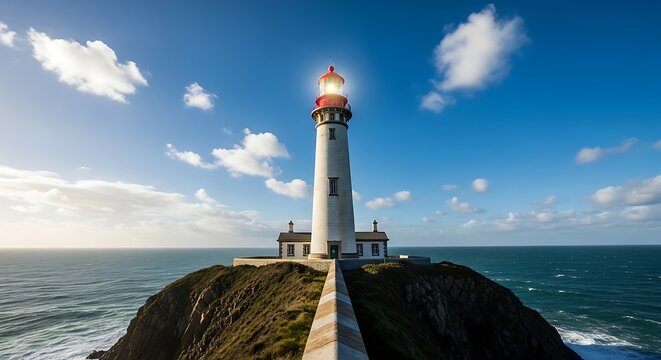 White lighthouse on rocky breakwater overlooking blue ocean under partly cloudy sky