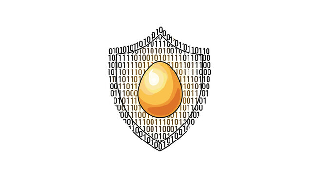 A polished golden egg rests protected within a defensive shield outline composed of a complex dense texture of black binary code characters against a white background.