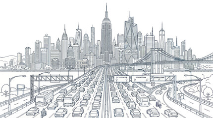 Fototapeta premium Metropolitan city skyline with busy highway traffic and bridge