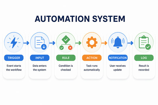 A diagram illustrates the sequential steps of an automation system: Trigger, Input, Rule, Action, Notification, and Log.