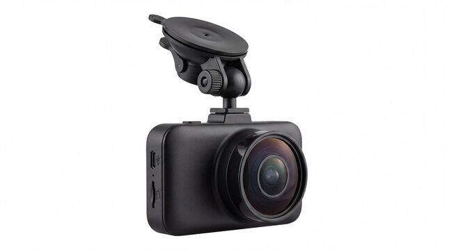 Modern black car dash camera with suction cup mount for vehicle safety on white background