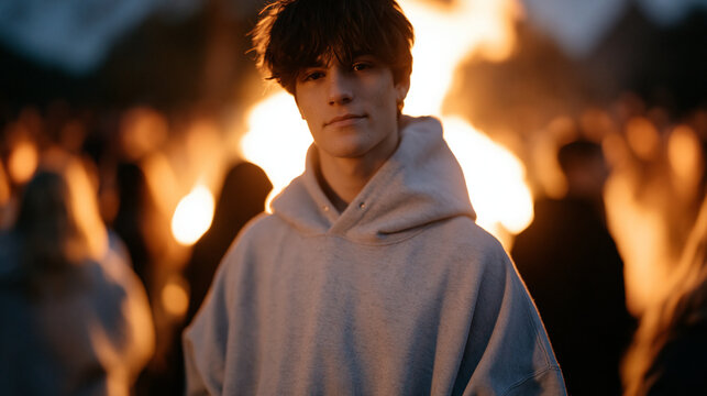 A high school student standing alone at the edge of a crowded autumn homecoming bonfire, hands deep in hoodie pockets, the glow catching his uncertain expression as teenage
