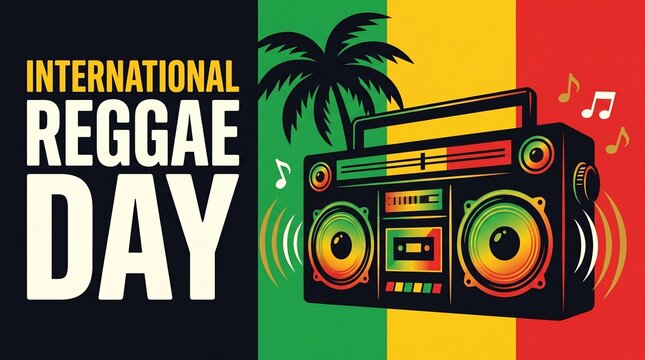 Retro boombox and palm tree with International Reggae Day text on colorful background