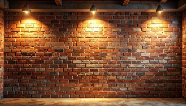 Illuminated Brick Wall Interior with Warm Spotlights and Textured Floor.