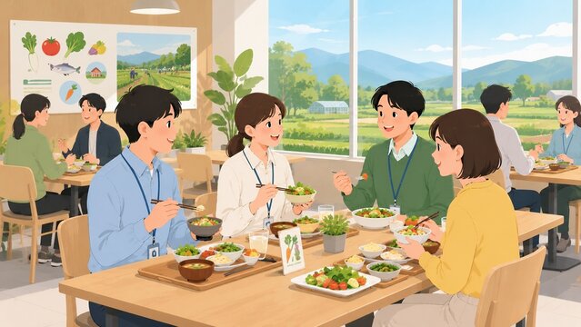 地産地消をテーマにした社員食堂で窓の外ののどかな田園風景を眺めながら健康的なランチを食べる男女のイラスト