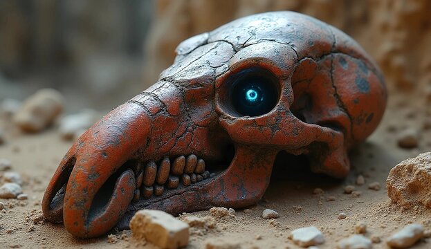 Sci-Fi Alien Skull with Glowing Blue Cybernetic Eye on Sand