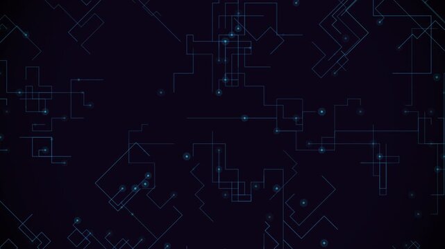 Hypnotic seamless loop of a cyan glowing circuit-board network of traced pathways with traveling light pulses with cinematic depth. Ideal for presentation background, software background. 4K UHD.