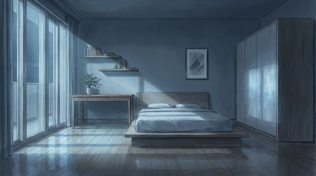 Serene Anime Night Bedroom: Minimalist Dark Room Bathed in Moonlight with Balcony Access