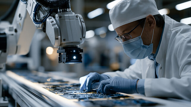 Quality control robot scanning rows of circuit boards on a lit conveyor, its overhead vision system flagging a hairline solder defect while a technician in gloves leans in to