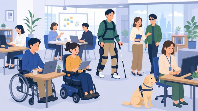 障害を持つ人々や盲導犬が共に生き生きと働くダイバーシティとインクルージョンのオフィスのイラスト