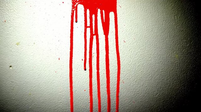 A realistic image of red liquid flowing down a white wall.