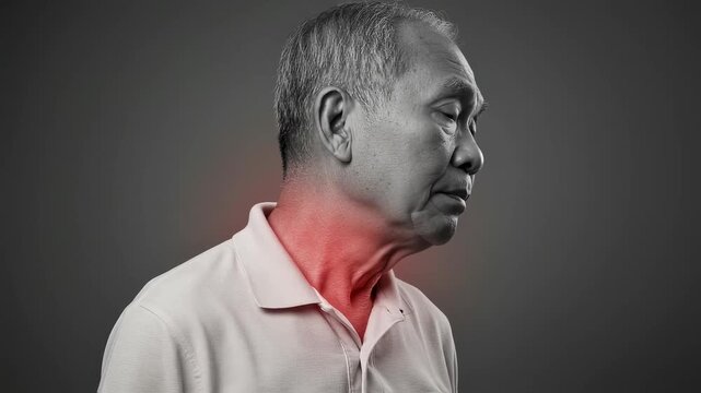 Black and white video showing the profile of an elderly man enduring neck pain.