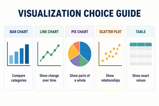 A guide displays different chart types&mdash;bar, line, pie, scatter plot, and table&mdash;to illustrate when to use each for data visualization.