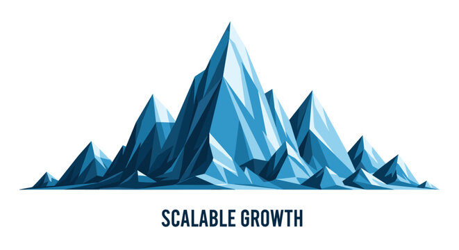 An artistic illustration of a majestic blue mountain range rendered in a geometric low-poly style with bold facets against a clean white background and text label.