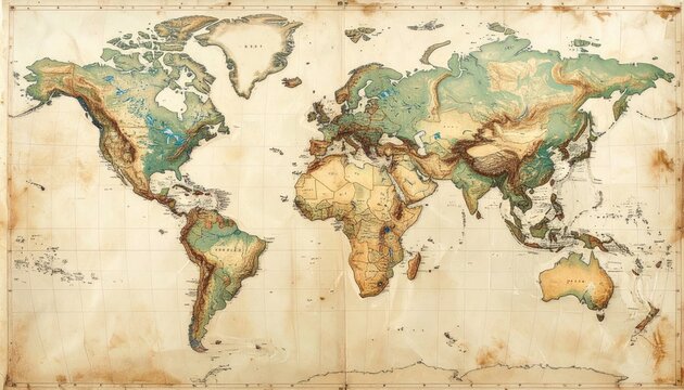 Vintage World Map Illustration with Aged Paper Texture.