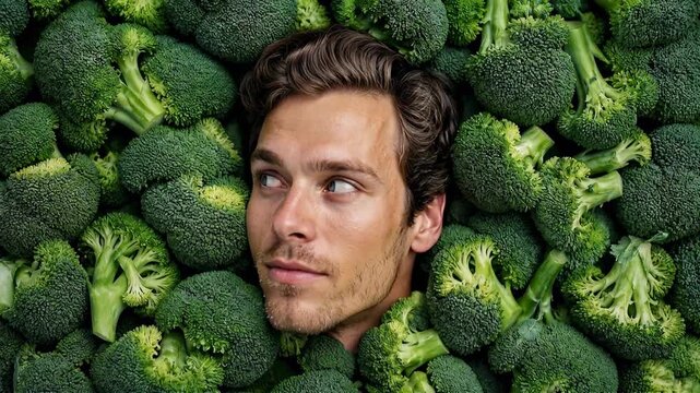 Man's face emerging from a dense bed of fresh, vibrant broccoli florets. A man's face is partially visible amidst a lush, green backdrop of broccoli heads