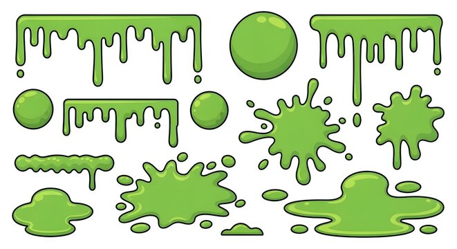 Set of green slime elements, drips, blobs, and splashes isolated on white background