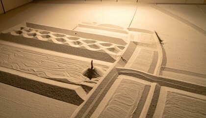 Fototapeta premium Meticulously Raked Fine Sand Forms a Tranquil Zen Garden Landscape within a Serene Room