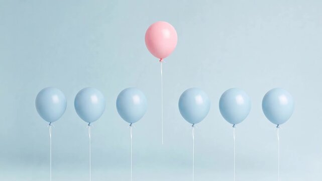 One pink balloon stands out from a group of blue balloons on a light blue background. A single pink balloon floats above a line of blue balloons, symbolizing individuality and uniqueness