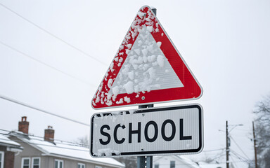 Obraz premium A snow covered school zone traffic sign on a cloudy winter day