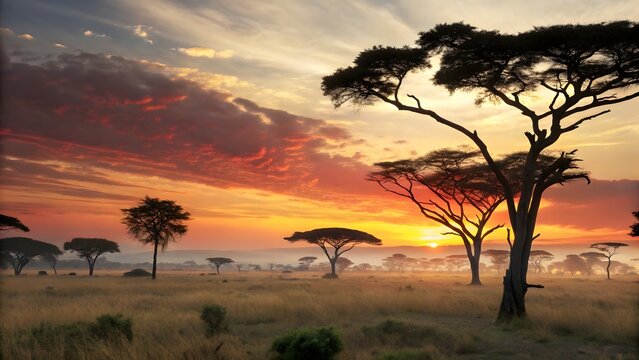 Golden Hour Sunset Over Serene African Savanna with Acacia Trees