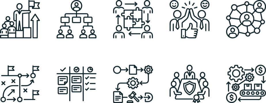 Corporate development linear icons bundle with scrum kanban board timeline planning legal compliance meeting and production supply chain symbols