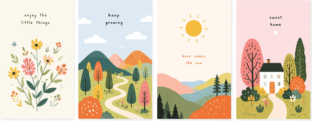 Naklejka premium Nature Landscape Poster Collection with Floral, Mountain and Countryside Illustrations