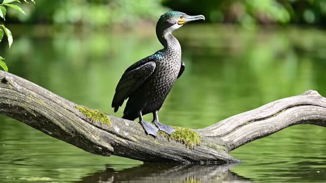 Great cormorant perched on a mossy log over calm water 4k video