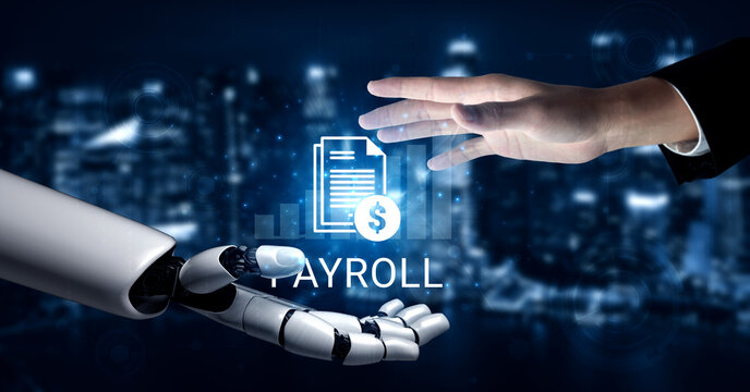 An engaging image depicting a robot and human hand reaching towards each other, symbolizing collaboration in payroll processing within a modern financial landscape. Ledger