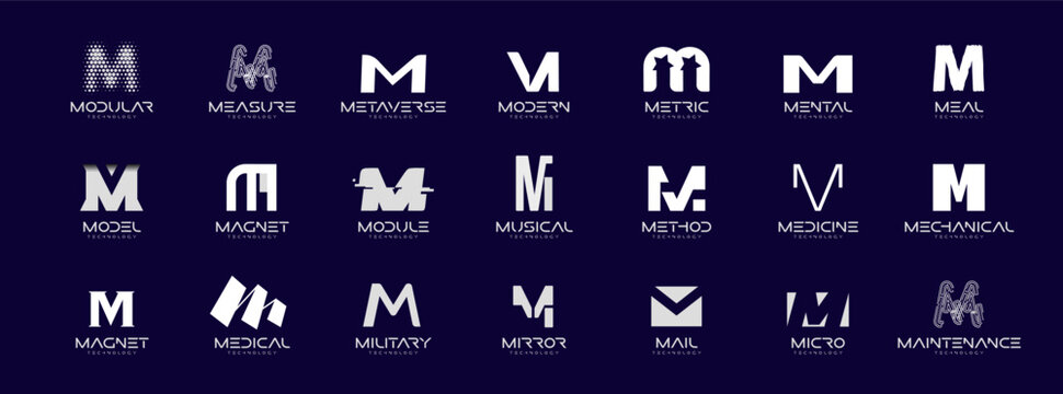 Letter M Logo Collection in Futuristic Tech Style, Modern Geometric Minimalist Creative Branding for Business Identity Design. Monogram Set for Startups, Businesses, Companies. Vector Illustration