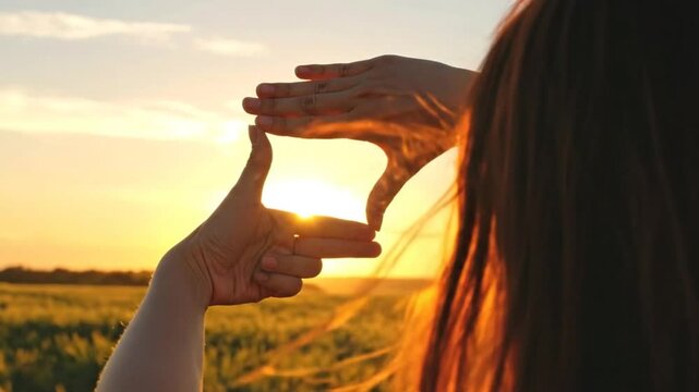 A person frames the golden sunset with their hands in nature