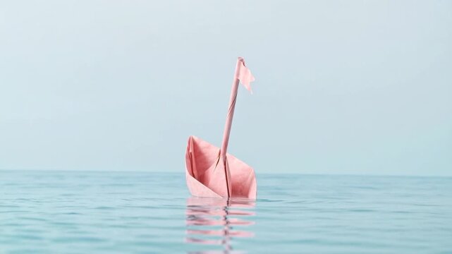 Pink origami boat with flag sails on calm blue water. A delicate pink paper boat with a small flag navigates gently rippling blue water under a clear sky