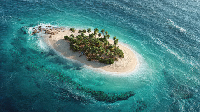 An aerial photorealistic drone shot of a tropical island in the turquoise ocean.  