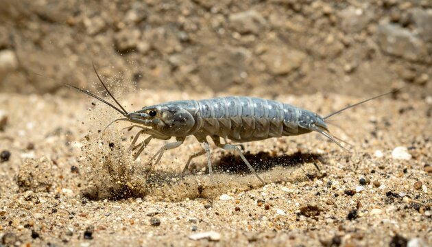 Tiny silverfish insect scuttles across a dry sandy surface, captured in a rapid motion