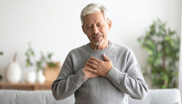 Elderly man gray sweater sitting indoors hands chest eyes closed peaceful expression