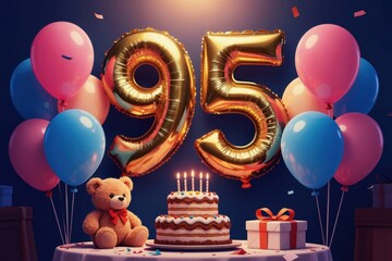 Obraz premium Golden number 95 balloons float above tiered cake, teddy bear, gift boxes, and colorful party balloons. Festive anniversary celebration decor. Event setup for 95th birthday party.