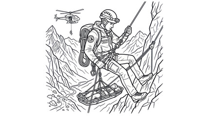Obraz premium Mountain rescue team saving an injured person on a steep cliff side