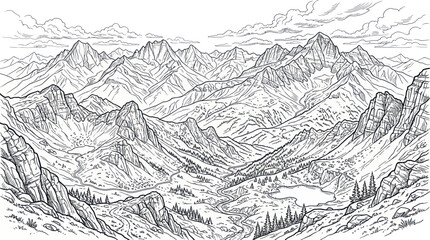 Hand drawn mountain valley landscape with peaks and winding river © roina