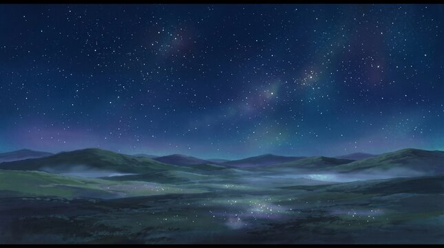 Enchanting Anime Night Scenery: Glowing Mist over Rolling Green Hills Under a Magical Starry Sky