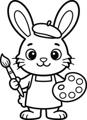 Fototapeta premium Cute bunny artist coloring pages for kids printable black and white illustration