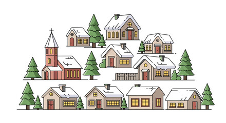 Obraz premium A cluster of stylized, snow-covered residential houses and a church are nestled among green pine trees in a flat, winter-themed village illustration on a white background.