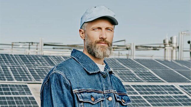 Bearded man in denim jacket and cap standing in front of solar panels