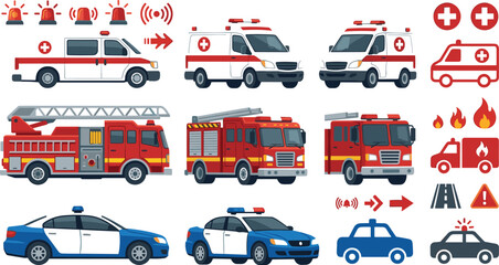 Emergency vehicles vector set with cartoon ambulance fire truck police car sirens flames crosses and traffic safety icon elements isolated on white background © Sujon Shah