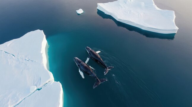 Two humpback whales swim near large icebergs in blue ocean water. Aerial view shows marine mammals in cold arctic environment. Wildlife explores icy sea landscape.