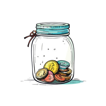 Hand drawn illustration of a glass jar filled with various colorful coins.