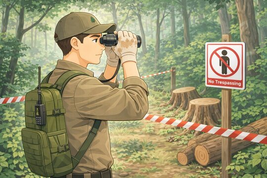 違法伐採を防ぐために森林の立ち入り禁止エリアで双眼鏡を使い監視パトロールを行う男性レンジャー