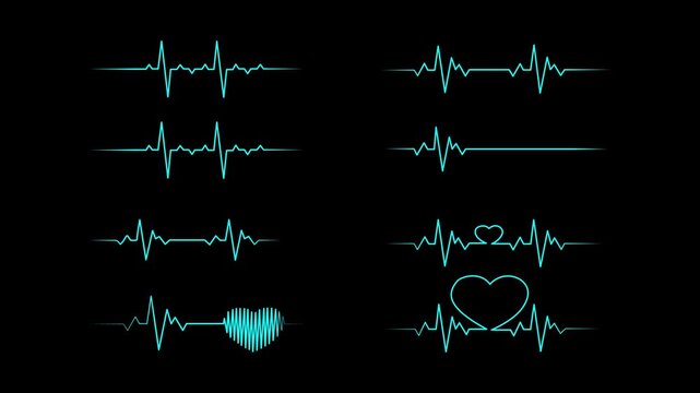 heart rhythm set, Electrocardiogram, ECG - EKG signal, Heart Beat pulse line concept design isolated on white background.4k motion graphics video animation