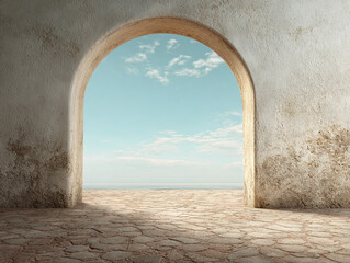 Obraz premium Vintage empty wall frame scene with textured exterior and arc pavement